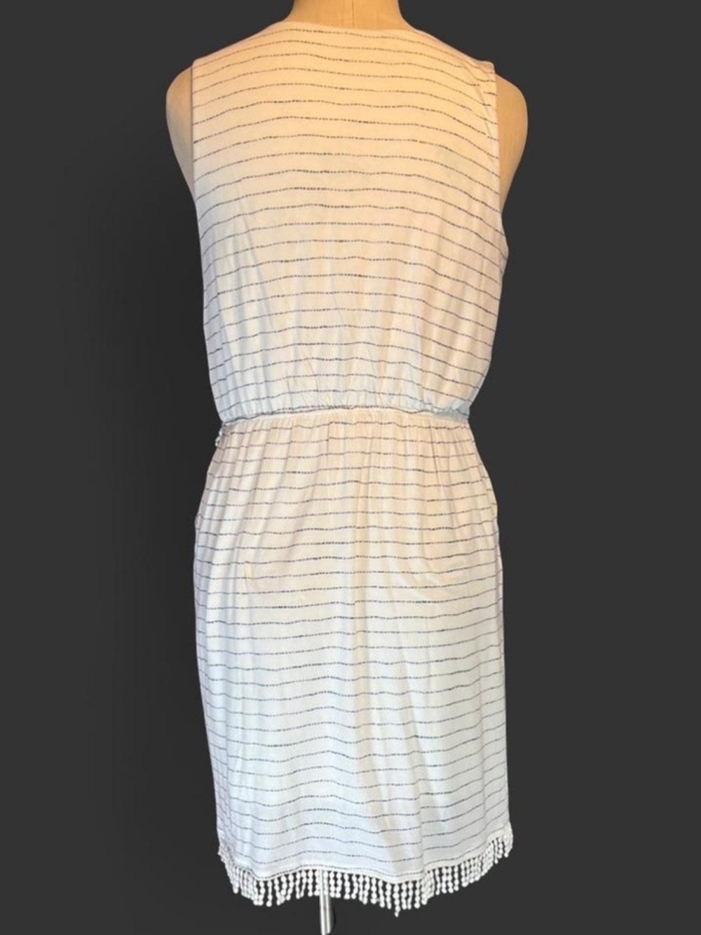 🤍Carve Designs Kendall Boho Mini Dress • Faux Wrap • White Blue Stripes w Fringe - Picture 3 of 5